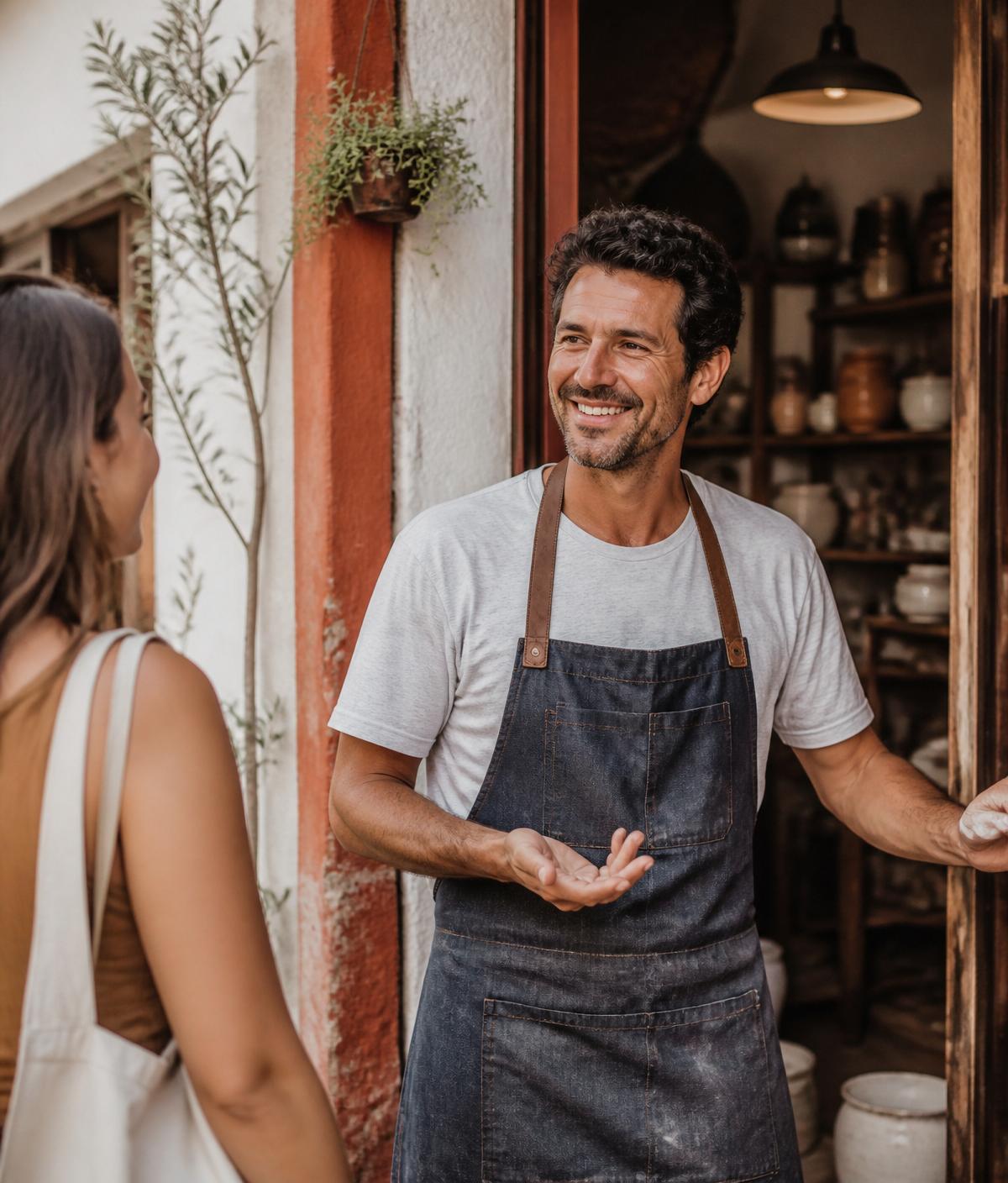 A local shop owner speaking warmly with a customer at a storefront