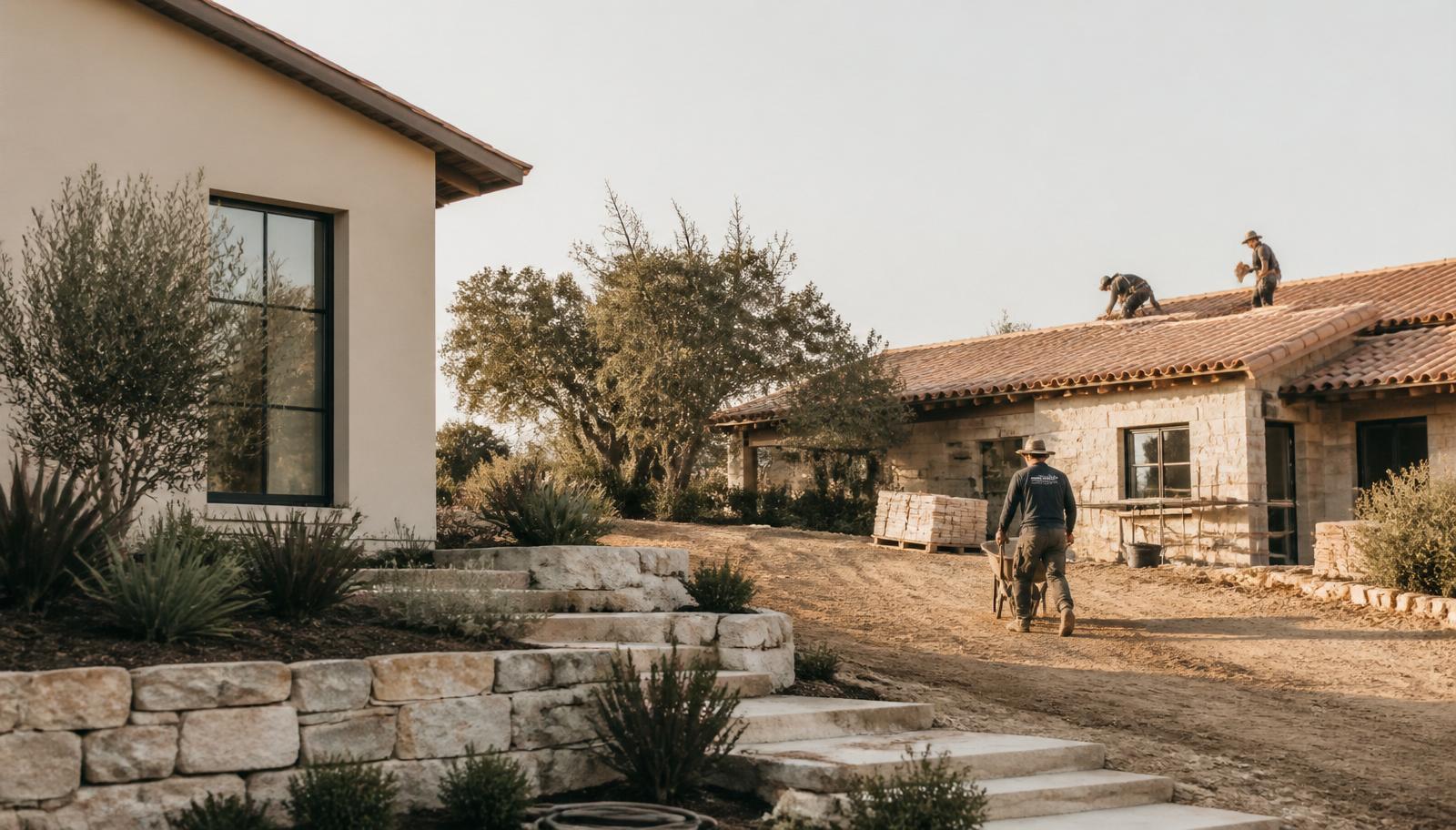 Local landscaping and roofing job site in warm morning light